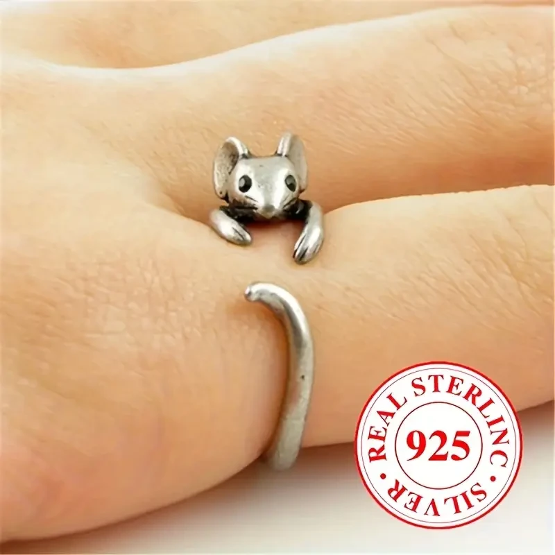 Sterling Silvery Vintage Bohemian Mouse Design Adjustable Ring for Men and Women