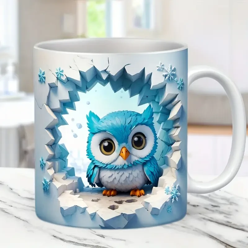 3D Owl Ceramic Coffee Mug, Tea Cup with Cute Broken Wall Pattern