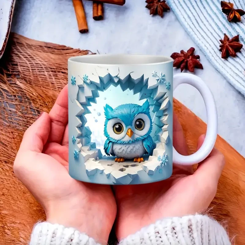 3D Owl Ceramic Coffee Mug, Tea Cup with Cute Broken Wall Pattern