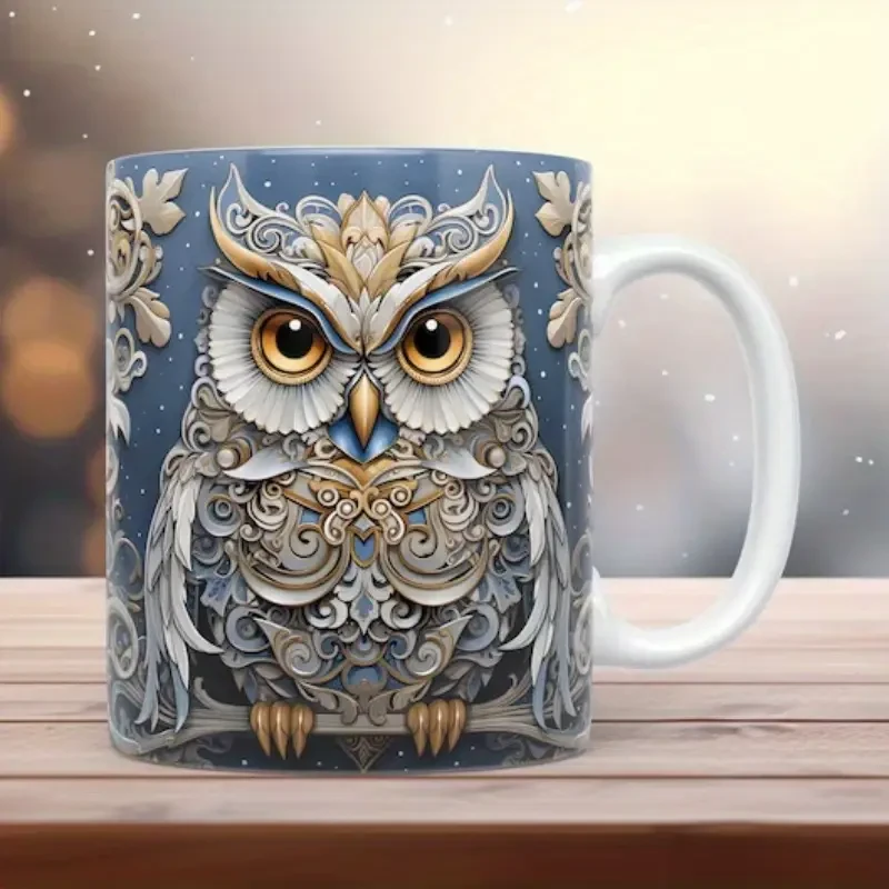 3D Owl Ceramic Coffee Mug, Tea Cup with Cute Broken Wall Pattern