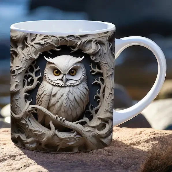 3D Owl Ceramic Coffee Mug, Tea Cup with Cute Broken Wall Pattern