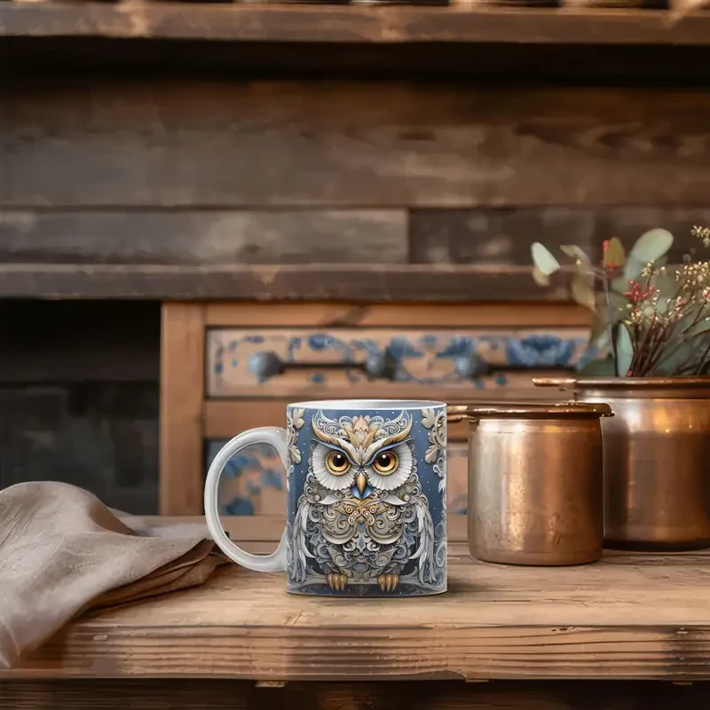 3D Owl Ceramic Coffee Mug, Tea Cup with Cute Broken Wall Pattern