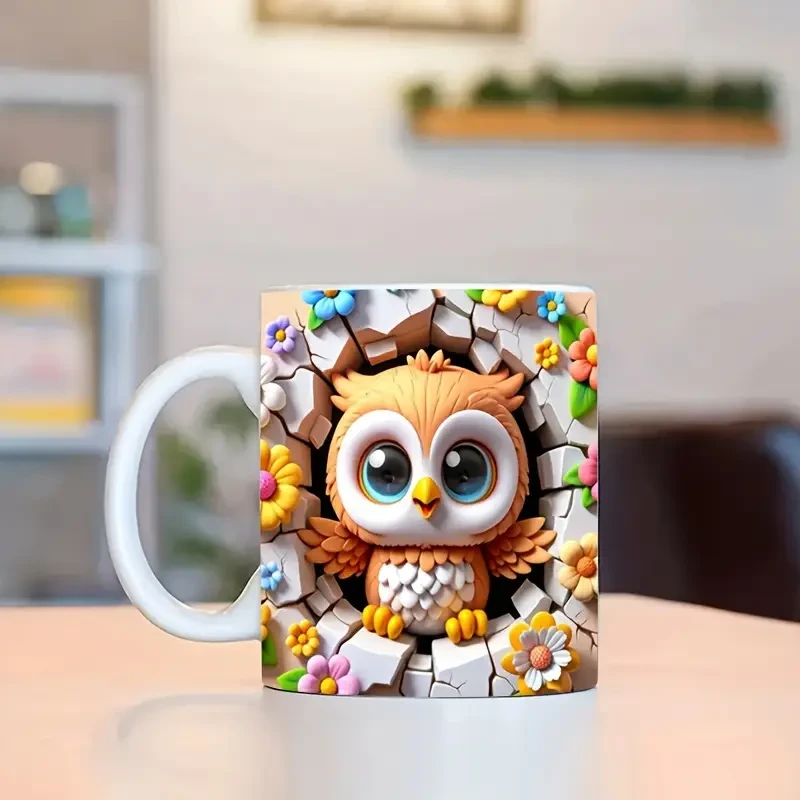 3D Owl Ceramic Coffee Mug, Tea Cup with Cute Broken Wall Pattern