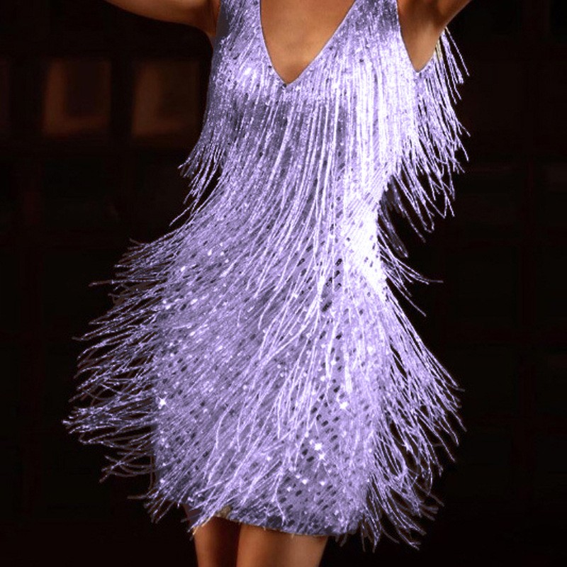 Twirl into Elegance - Fringed Sequin Dress with Feather Stitching