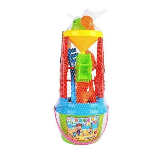 Large Beach Bucket With Hourglass 7-piece Toy