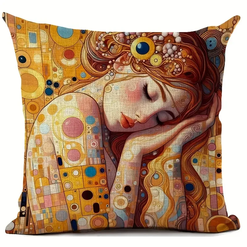 18x18 Inches Durable Linen Gustav Klimt Artistic Print Cushion Cover  Vintage Style with Beautiful Woman Design