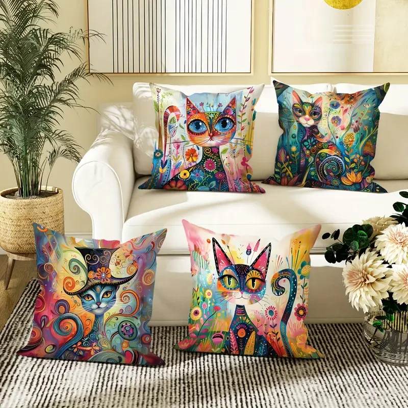 JIT 4-Pack Contemporary Throw Cushion Covers  Velvet Cat Floral Abstract Art