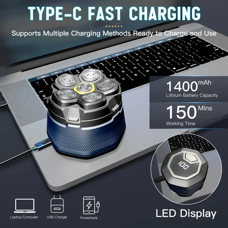 USB Rechargeable Men's Electric Shaver with Floating Blade Head - Wet/Dry, 6-Speed, High Power, Long Battery Life
