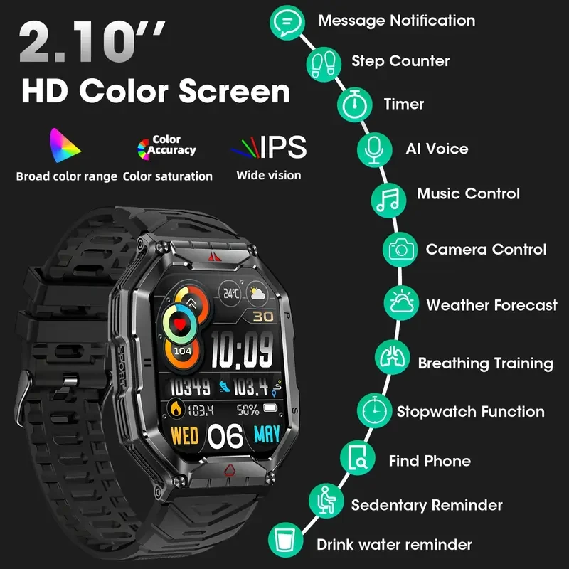 New 2.1-inch AMOLED Ultra-clear Large-screen Smart Watch, 650mAh Battery Life, Magnetic Charging, Hundreds Of Sports Modes, Fitness Sports Watch, With Flashlight, Wireless Calls, Built-in Altitude Compass, Smart Watch For Men And Women
