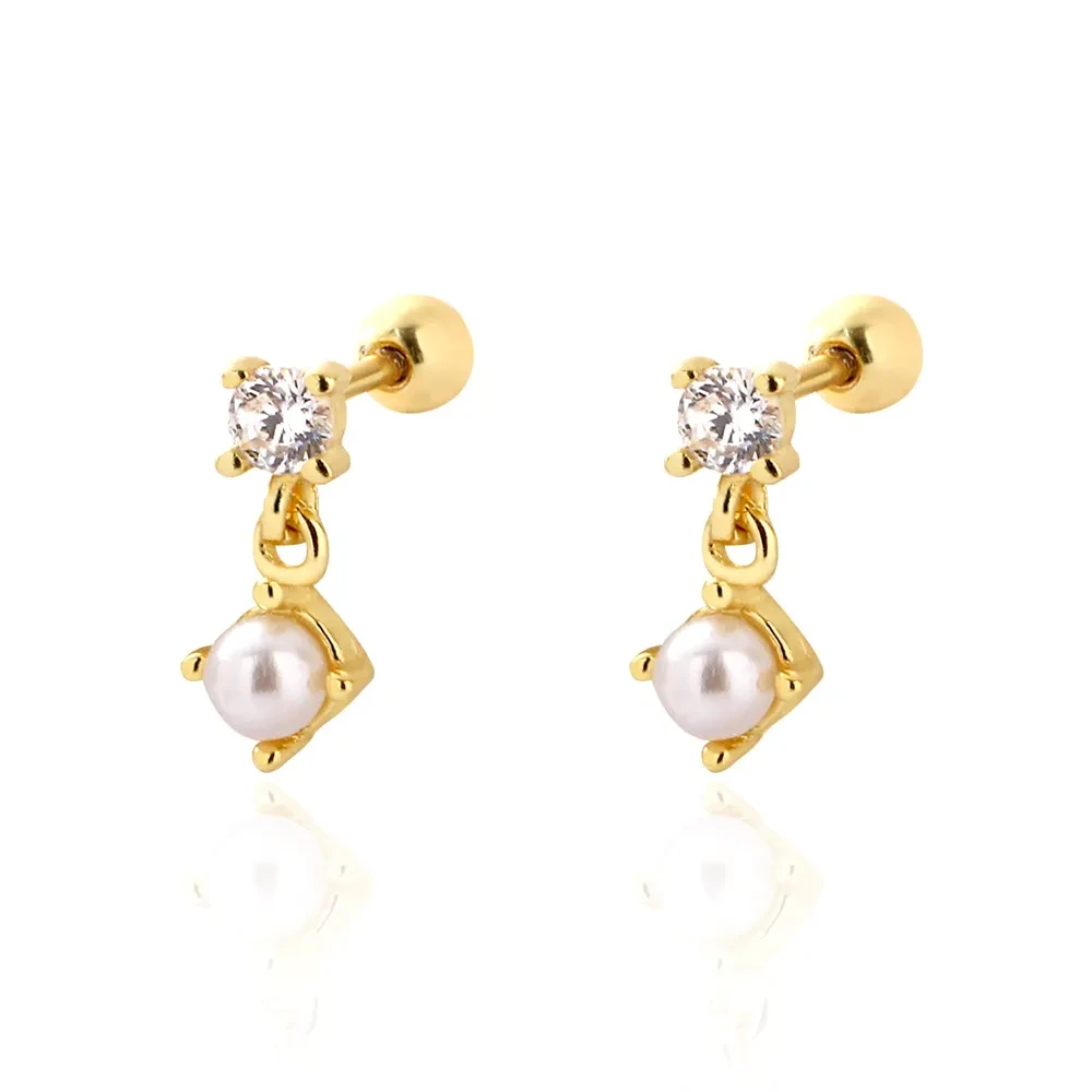 Pearl Stud Earrings Silver Diamond Screws