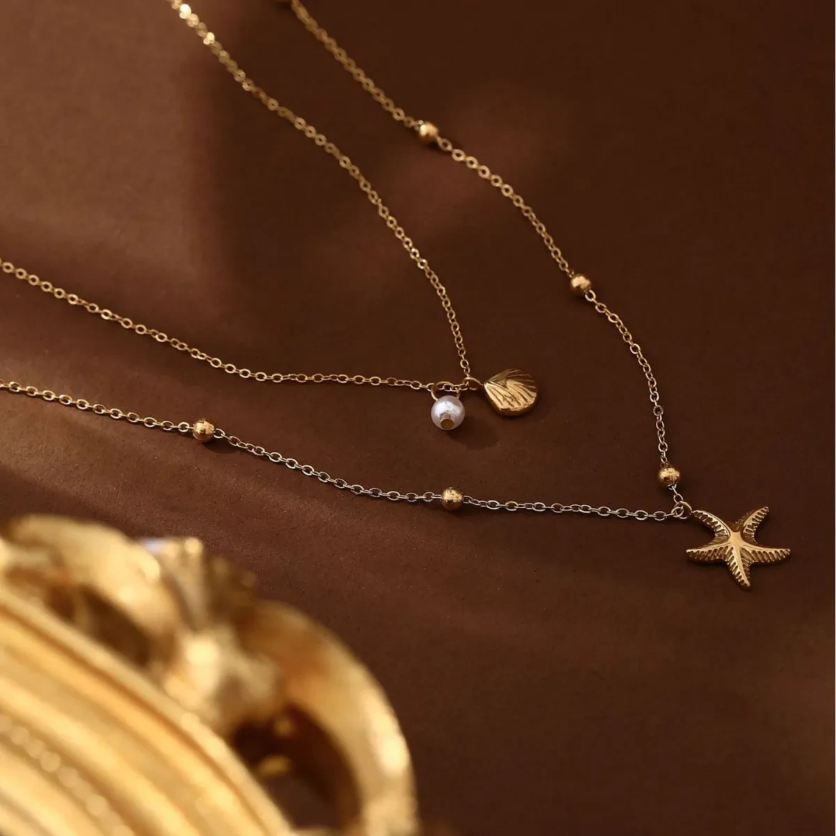 Titanium Steel High Color Retention Double-layer Starfish Shell Necklace Vacuum Vapor Plating 18K Gold