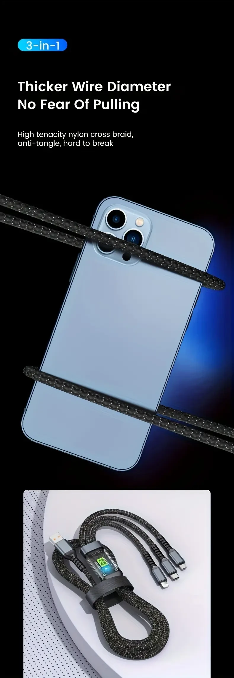 OLISHEN 100W 3-in-1 Fast Charging Cable