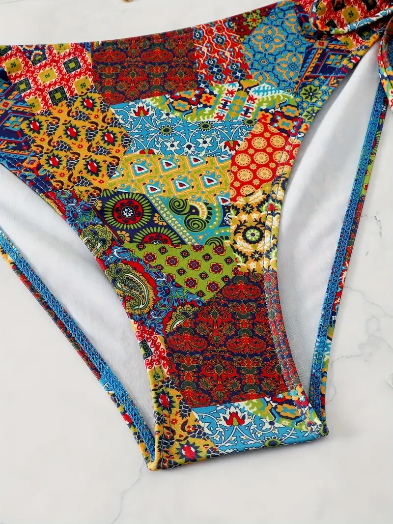 Allover Print Ethnic Style Triangle Halter Tie Strap Backless 2-Piece Set