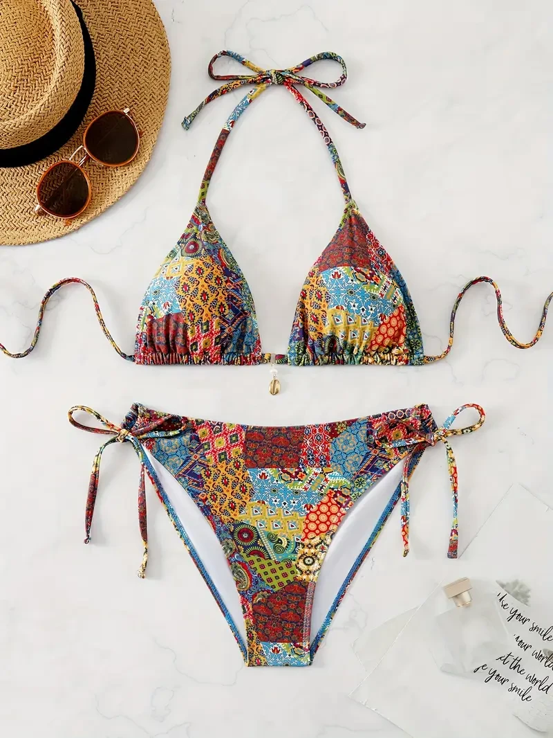 Allover Print Ethnic Style Triangle Halter Tie Strap Backless 2-Piece Set