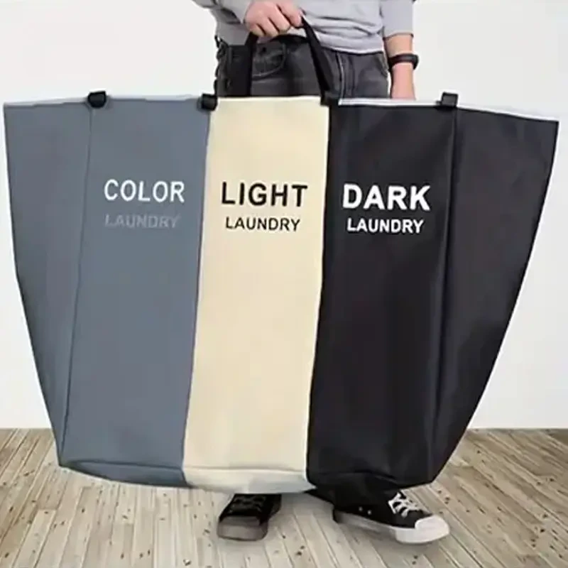 Foldable Triple-Grid Laundry Basket in Grey - Durable Canvas with Dark