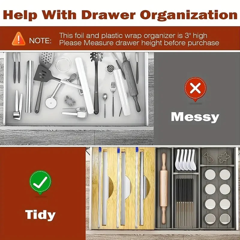 Streamlined Storage, Bamboo 3-in-1 Wrap Organizer with Cutter - Durable Kitchen Storage for Foil, Plastic Wrap & Wax Paper