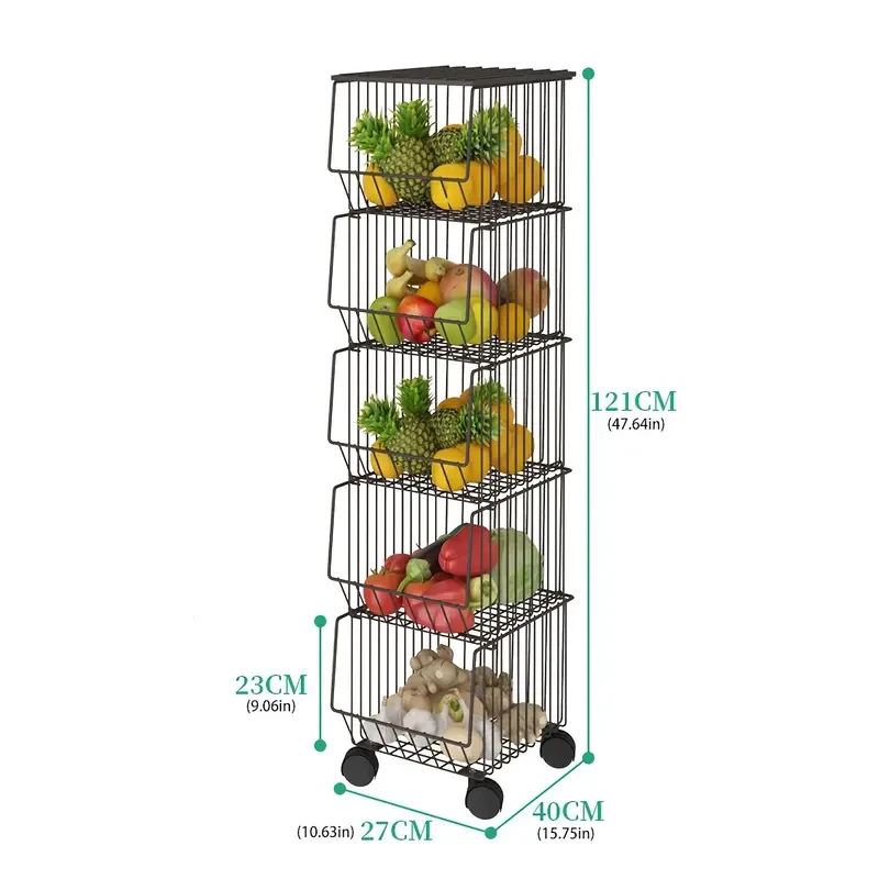 1pc Classic Stackable Metal Wire Basket Storage Organizer with Wheels