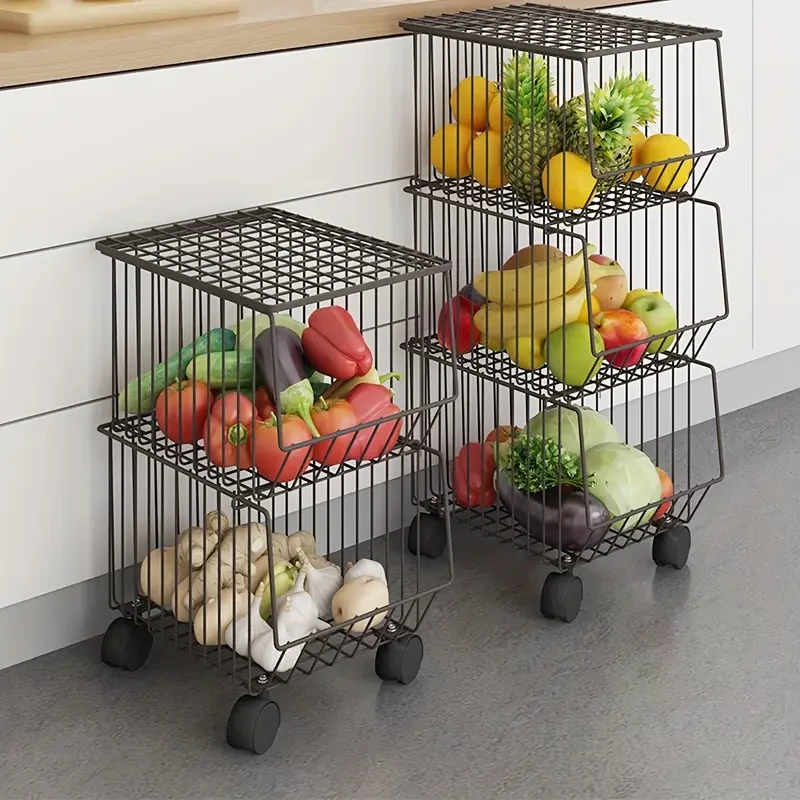 1pc Classic Stackable Metal Wire Basket Storage Organizer with Wheels