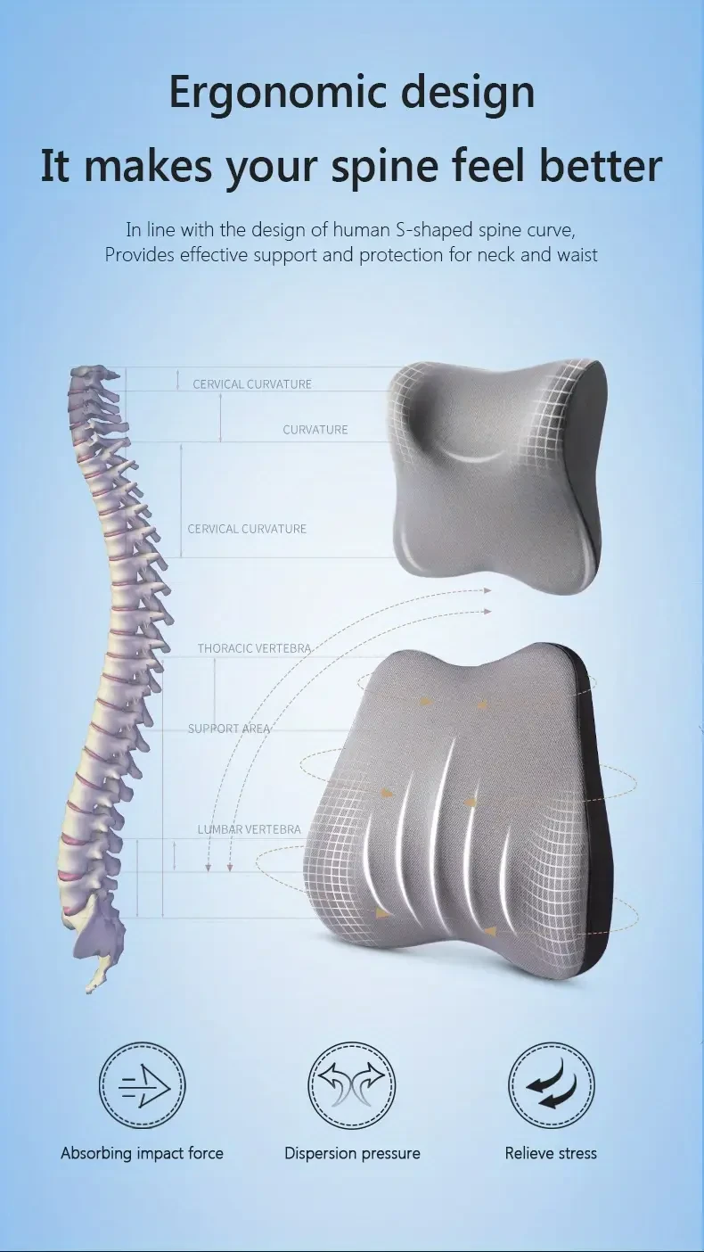 1pc Car Headrest/1pc Lumbar Pillow 100% High Rebound Imported Memory Foam Car Neck Pillow Waist Support High End Car Seat Pillow