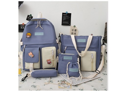 College Students' Backpack Five-piece Contrast Color Canvas School Bag
