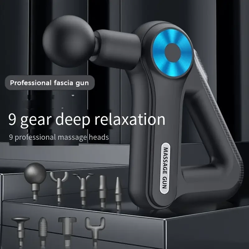 Rechargeable Fascia Massage Gun, with 9 Intensity Levels, 9 Massage Heads, USB Charging, 1500mAh Lithium Battery, for Whole Body, Neck, Back, Waist, Buttocks, Quadriceps, Hamstrings, Calves, Arms