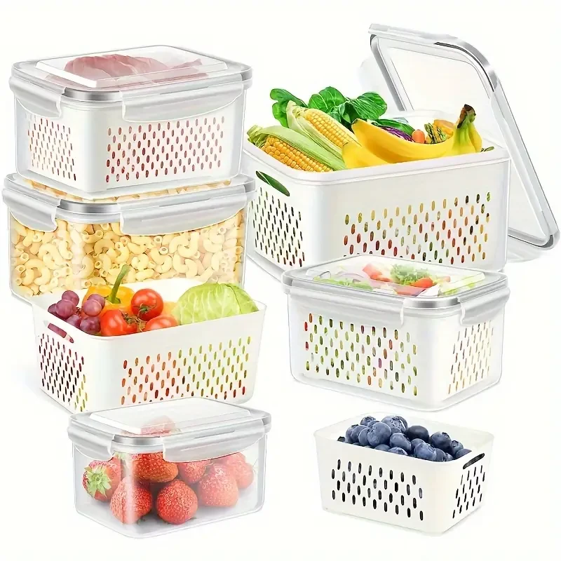 6-Pack Bpa-Free Plastic Food Storage Containers with Lids for Refrigerator, Multifunctional Airtight Freshness Preserving Bins, Drainage Box Set for Fruits, Vegetables, And Kitchen, Restaurant, Supermarket Pantry Organization