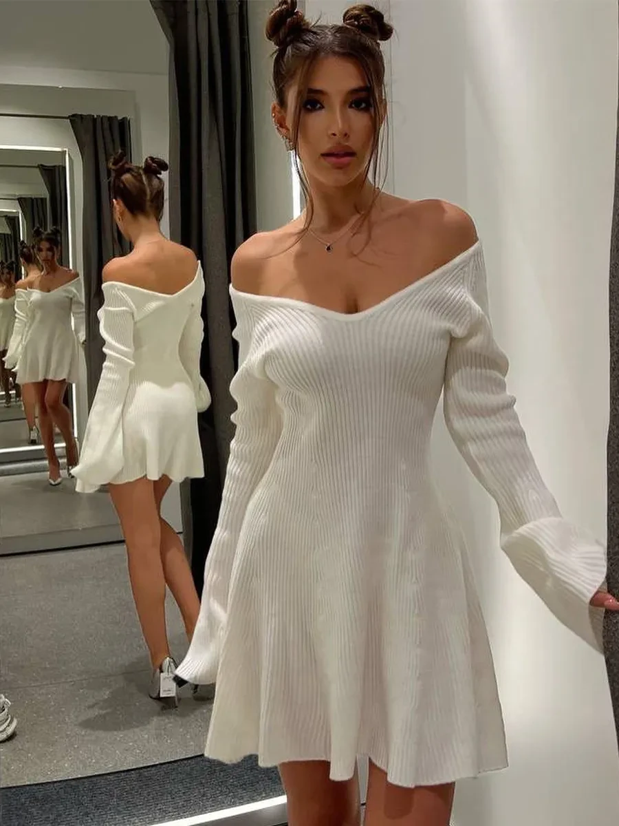 Sexy Slim V-Neck Long Sleeve Knitted Dress