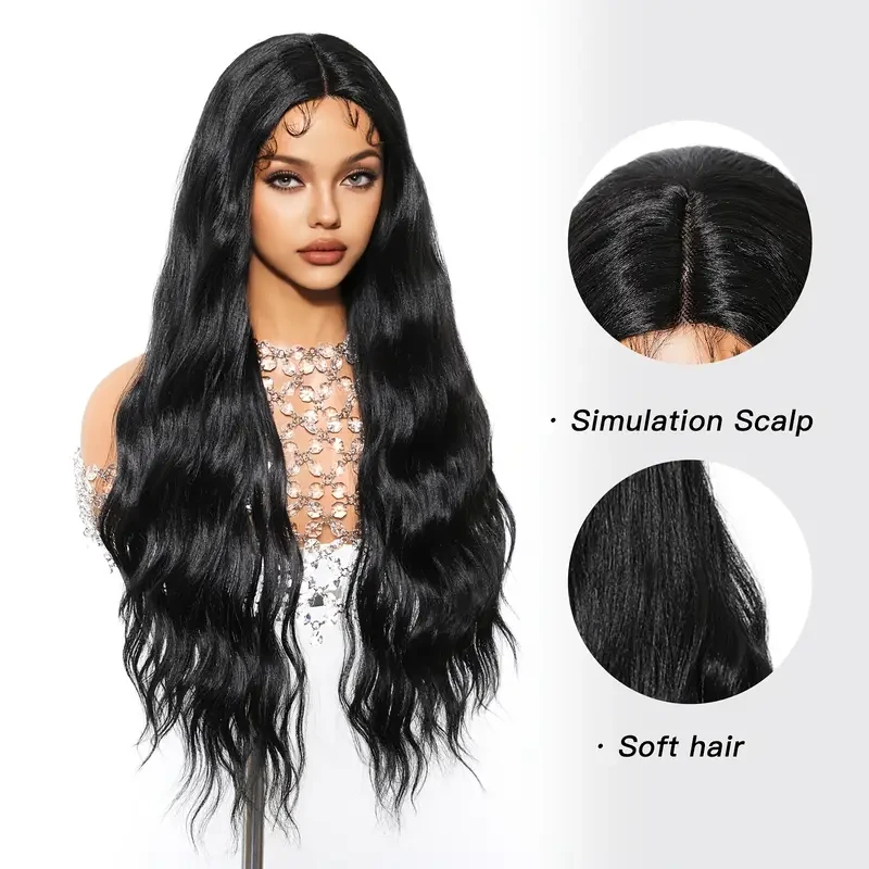 71.12 cm Women'S Black Imported Silk Small T Front Lace Wig Head Set Medium Parted Long Curly Hair Wig, Elegant And Fashionable, Suitable for Daily Use