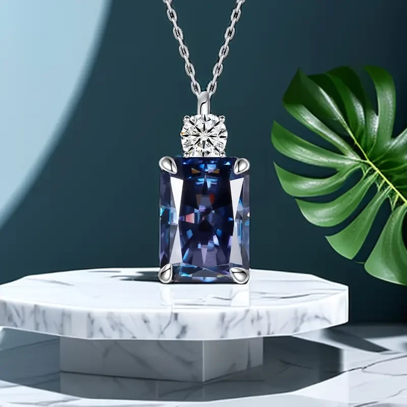 925 Sterling Silvery Perfume Pendant Necklace, with Blue Moissanite and Diamond Accents, 18K Gold Plated - Ideal Gift for Women, Men, Couples -, Made in Italy, Moissanite Necklace, Holiday Wear