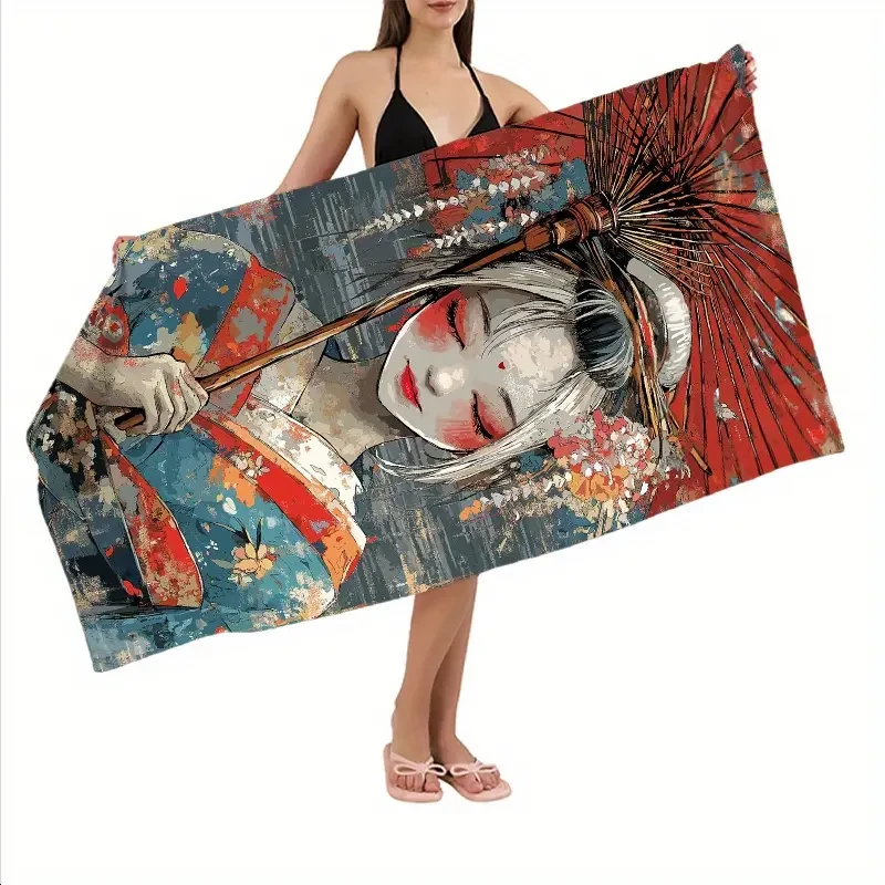 Extra Large Quick-Dry Beach Towel with Ukiyo-e Japanese Style Geometric Pattern