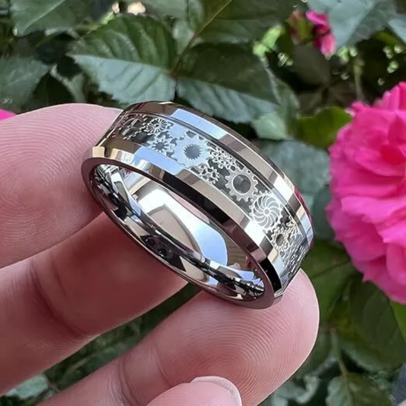 Mens Stainless Steel Ring with Carbon Fiber Inlay