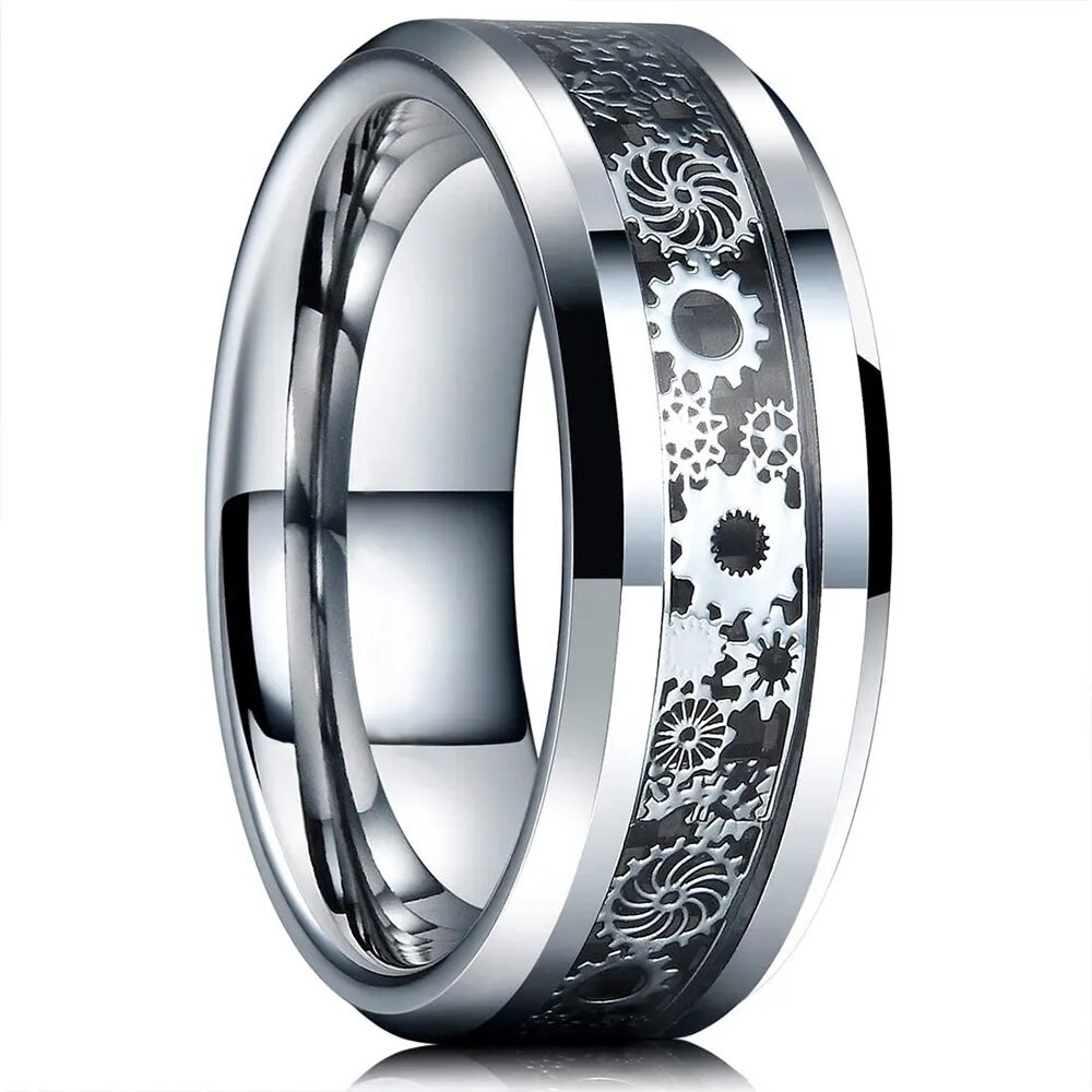 Mens Stainless Steel Ring with Carbon Fiber Inlay