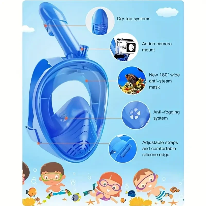 1 Youngsters' Black Full-Face Snorkel Mask with Innovative Leak-Proof System, 180 Panoramic View, and Removable Camera Mount - Durable PC Material for Comfortable Diving & Snorkeling Experience, Youngsters Diving Mask|Sleek Black Design|Antileak Snorkel