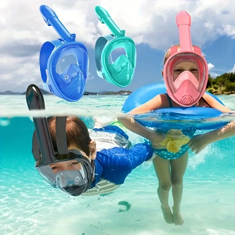 1 Youngsters' Black Full-Face Snorkel Mask with Innovative Leak-Proof System, 180 Panoramic View, and Removable Camera Mount - Durable PC Material for Comfortable Diving & Snorkeling Experience, Youngsters Diving Mask|Sleek Black Design|Antileak Snorkel