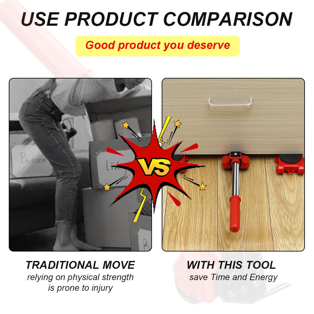 5Pcs Heavy Duty Furniture Lifter Mover Roller with Wheel Bar - Moving Device and Lifting Helper