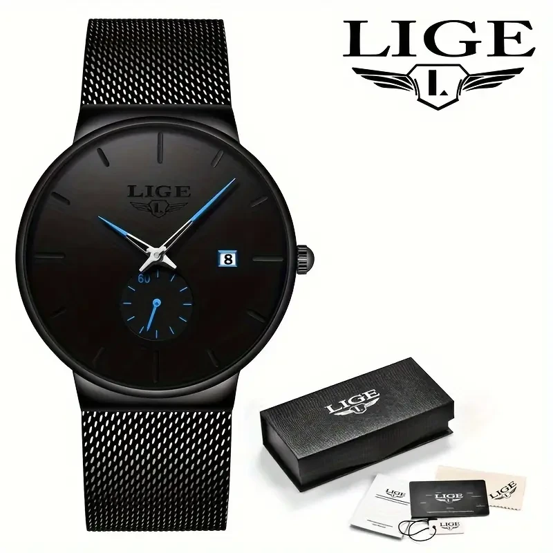 LIGE Men's Minimalist Black Quartz Watch with Rose Golden Accents