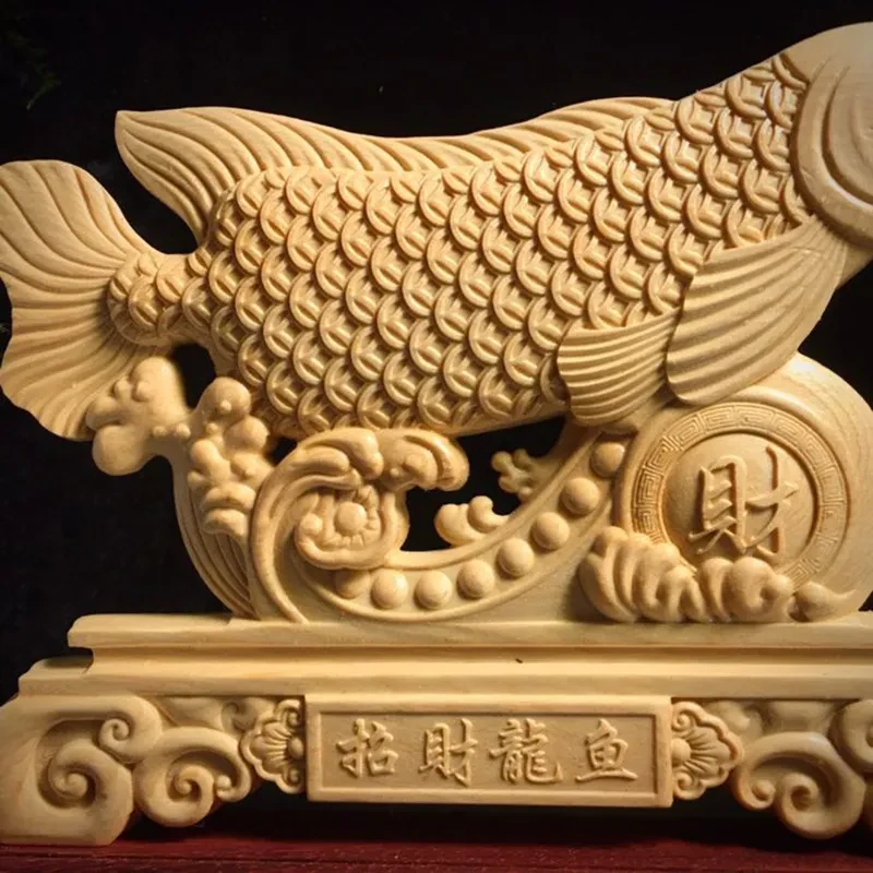 Boxwood Finely Carved Lucky Dragon Fish Ornaments Dragon Fish Desk Surface