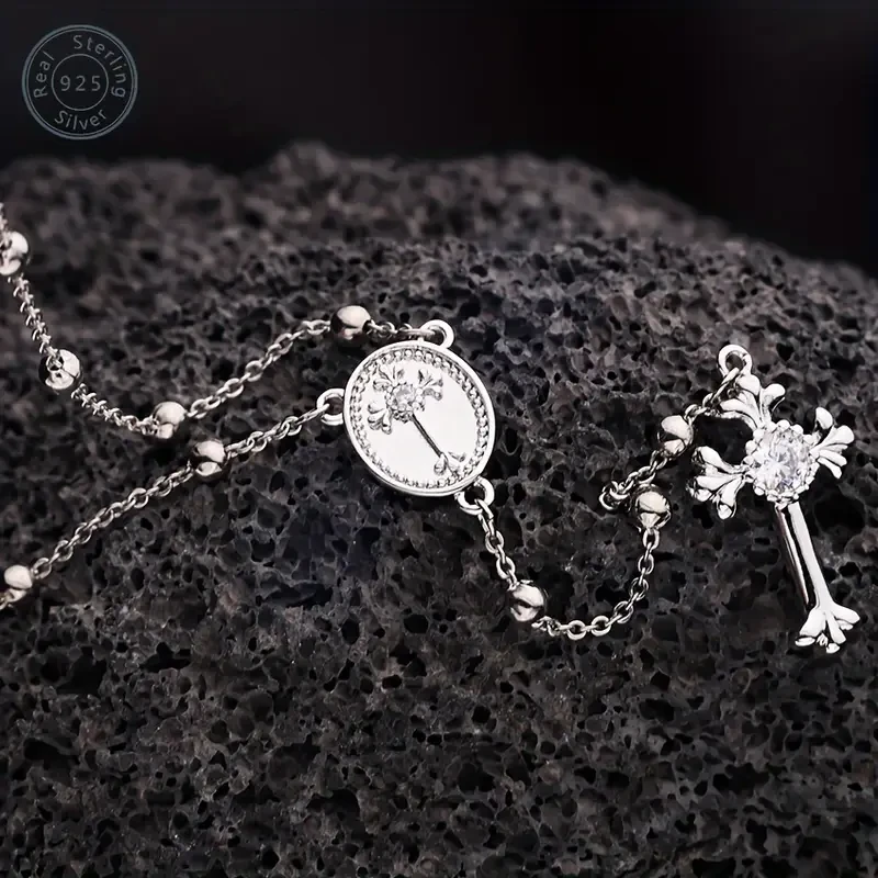 925 Sterling Silver Italian Rosary Cross Y-shaped Necklace
