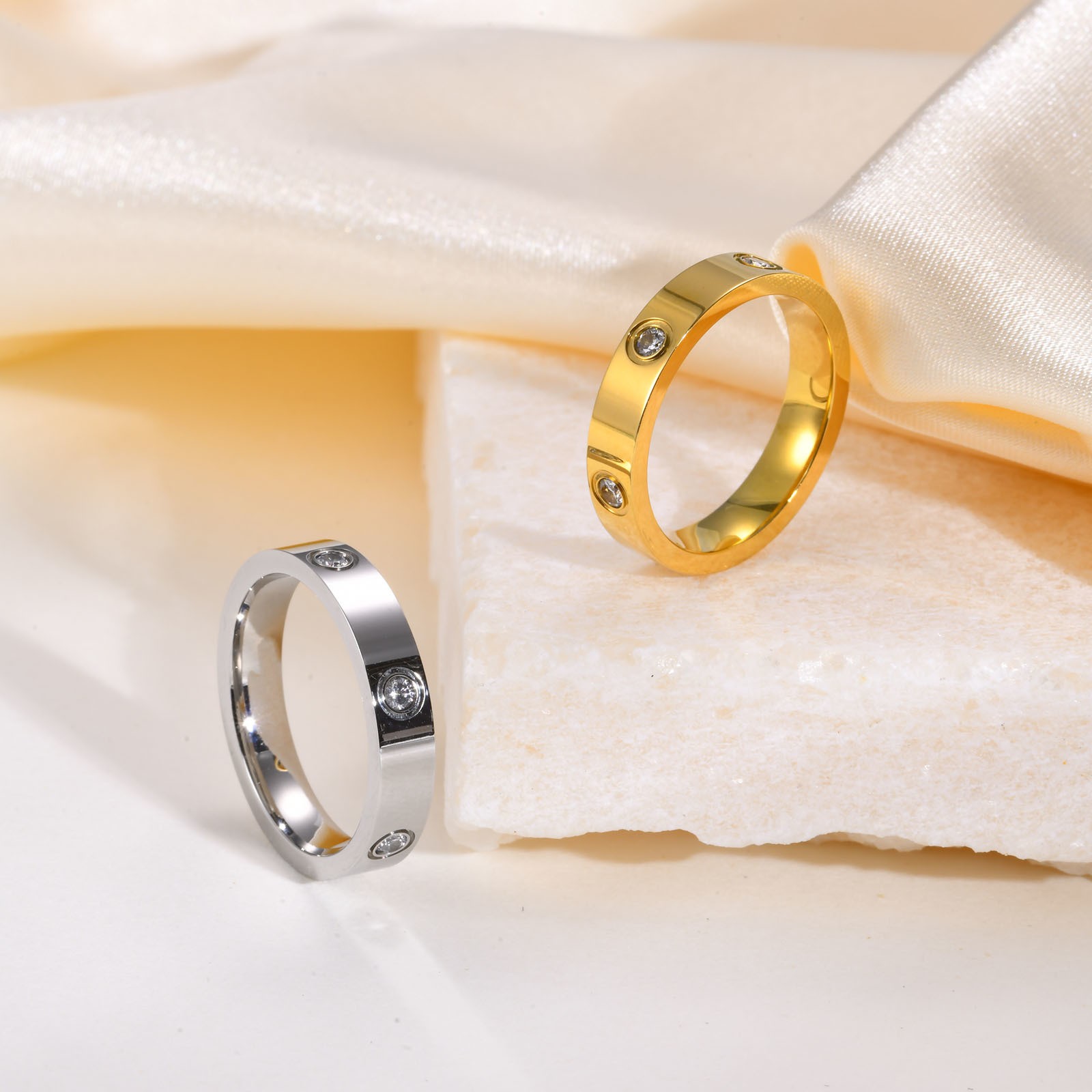 Dainty Cubic Zirconia Love Promise Rings - Gold Plated Stainless Steel Wedding Band
