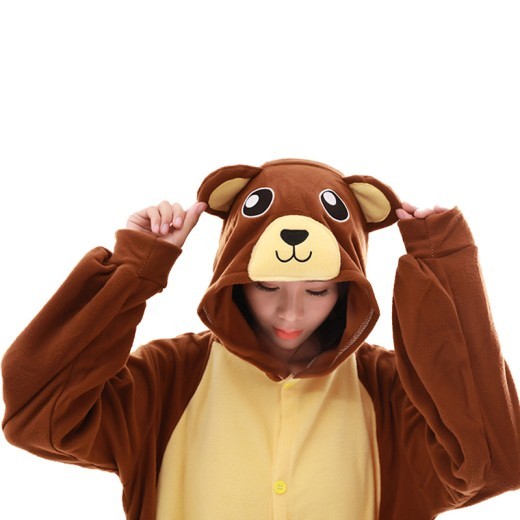 Hooded Long-Sleeved Polar Fleece Animal Cartoon One-Piece Pajamas Brown Bear Hooded Couple Clothes