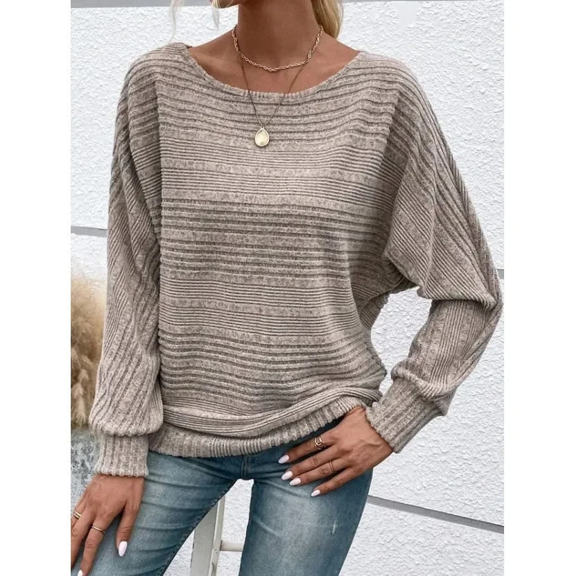 Solid Striped Batwing Sleeves T-shirt Fashion Casual Pullover Round Neck Long Sleeve Top Spring And Autumn Women's Clothing