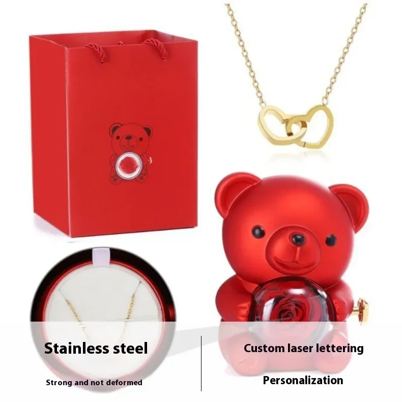 Engraved Double Heart Necklace Simple Rose Gift Set