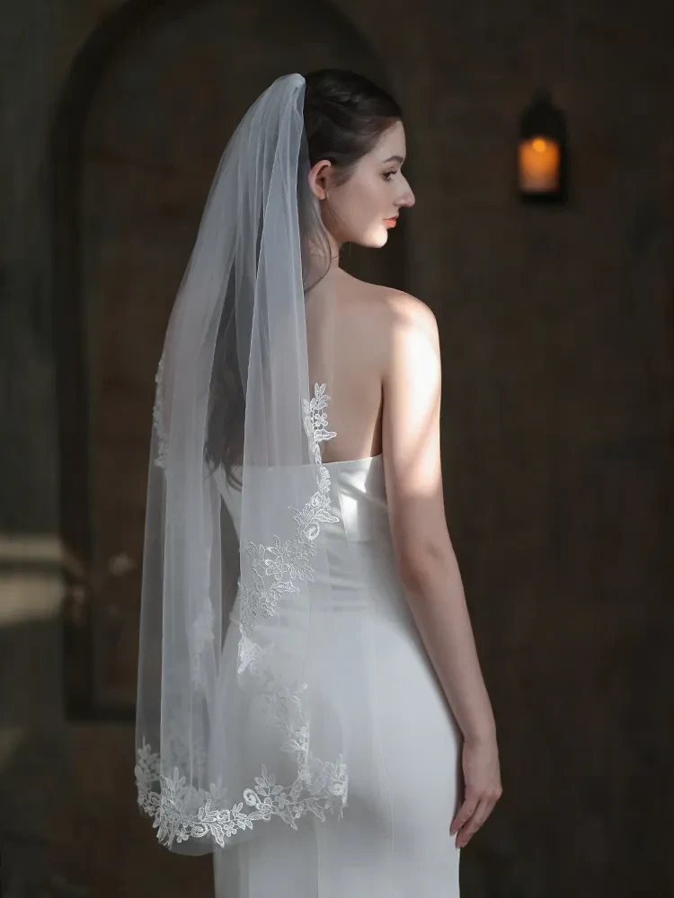 European And American Bride Veil Women's White Single Layer Lace Headdress