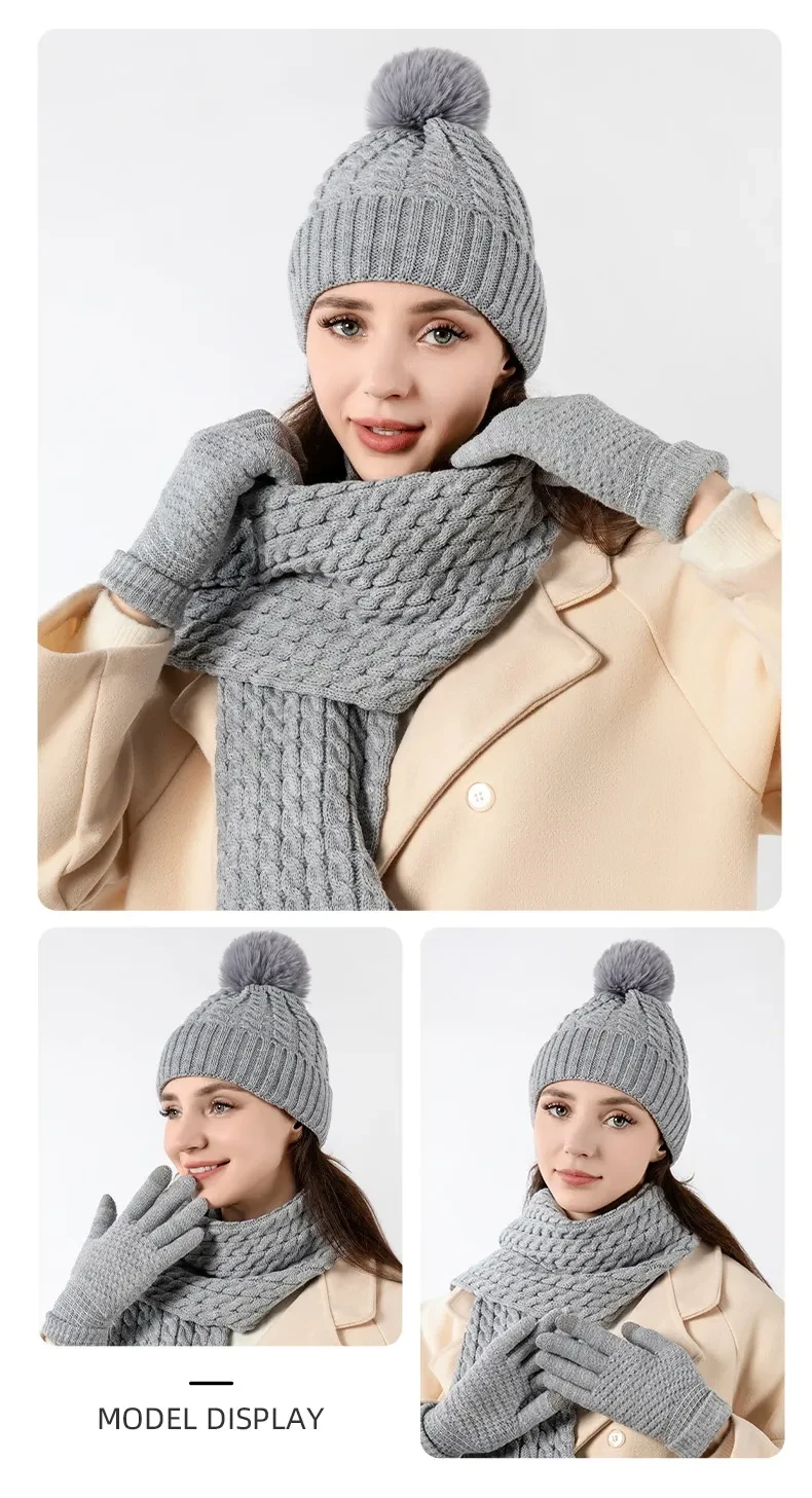 Warm Wool Knitting Hat, Scarf And Gloves Three-piece Set