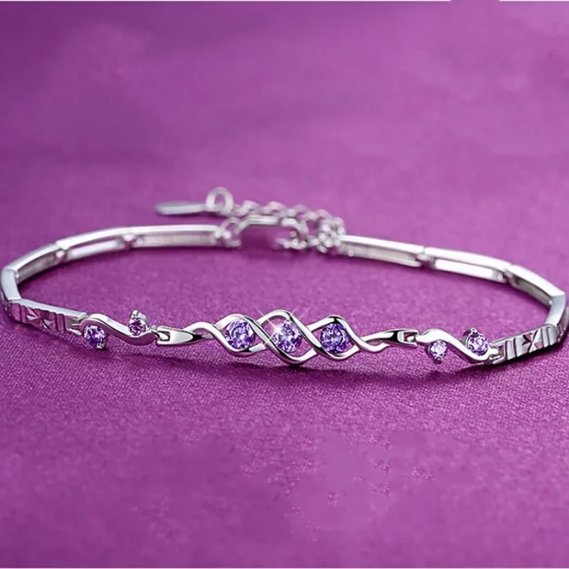 Women's Amethyst S925 Sterling Silver Three-Life Stone Bracelet