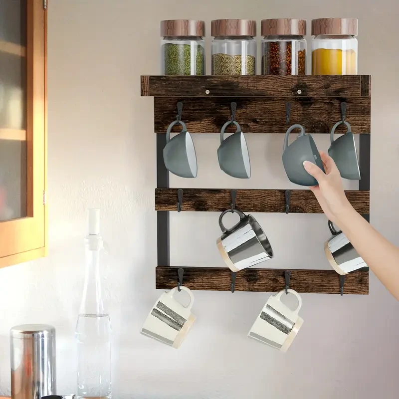 12 Hooks Wood Coffee Cup Holder Mug Storage Wall Mount