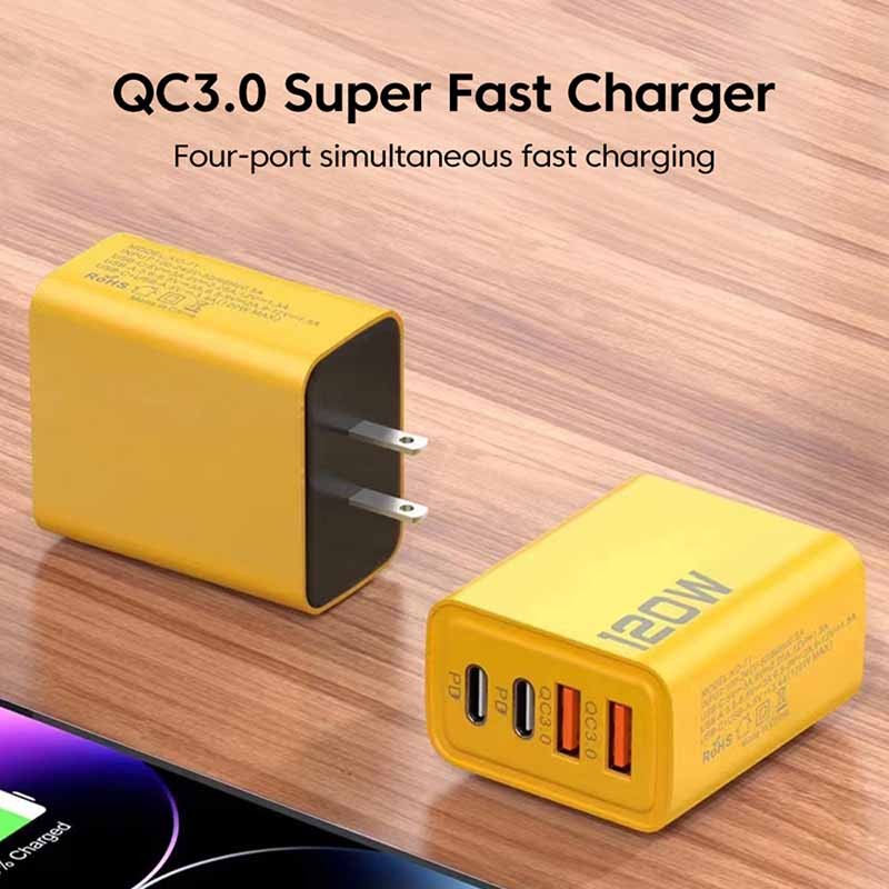 4-Port 120W USB-C PD Charger - Quick Charge 3.0 Adapter