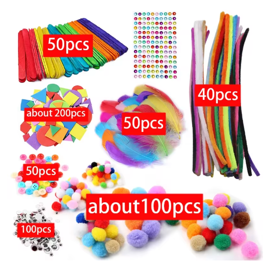 Kids Creative Plush Stick Pompoms Rainbow Colors Feather Eyes Sticker Educational DIY Toys Handmade Art Craft Devoloping Toys