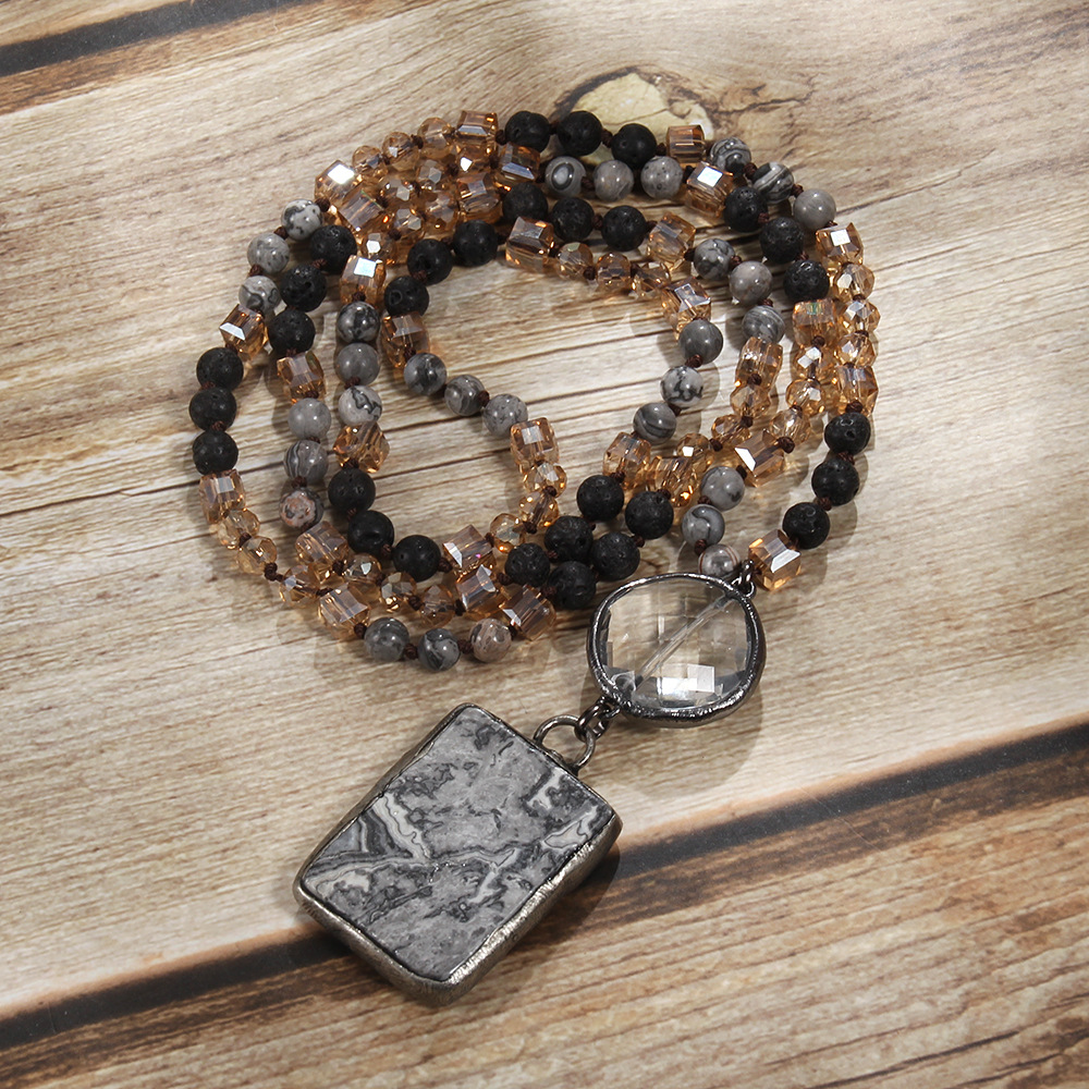 Fashion Bohemian Natural Stone Glass Knotted Necklace