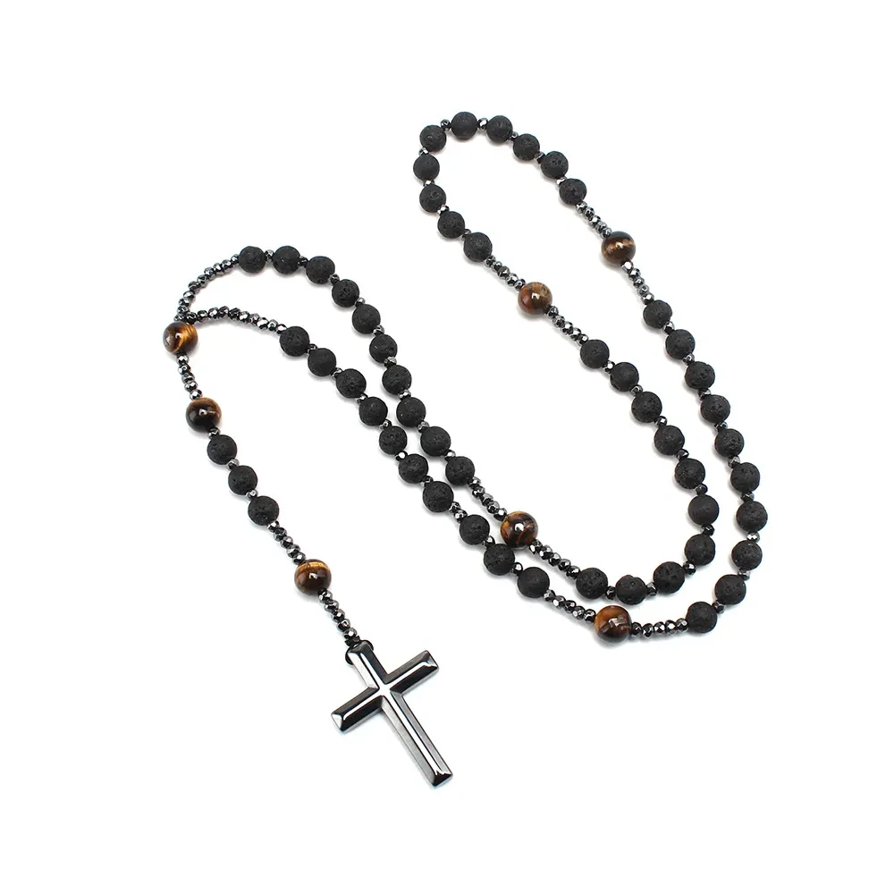 Natural Stone Black Volcanic Rock Yellow Tiger Eyes Haematite Cross Religion Men's Necklace Beads